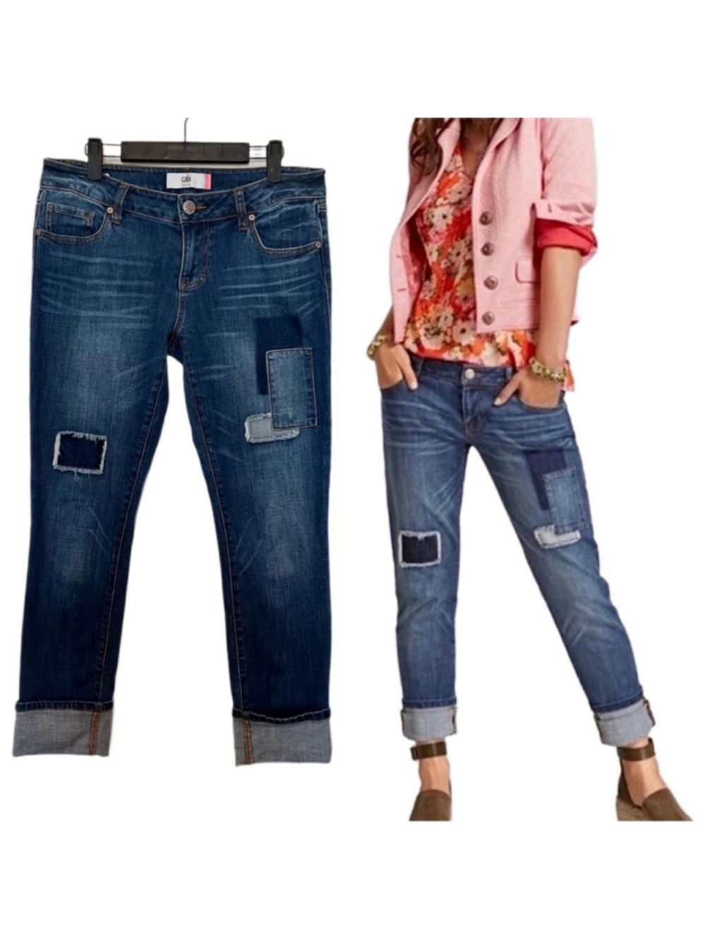 Women's Cabi Blue Patchwork Denim Slim Boyfriend Jeans Size 4 Cottagecore